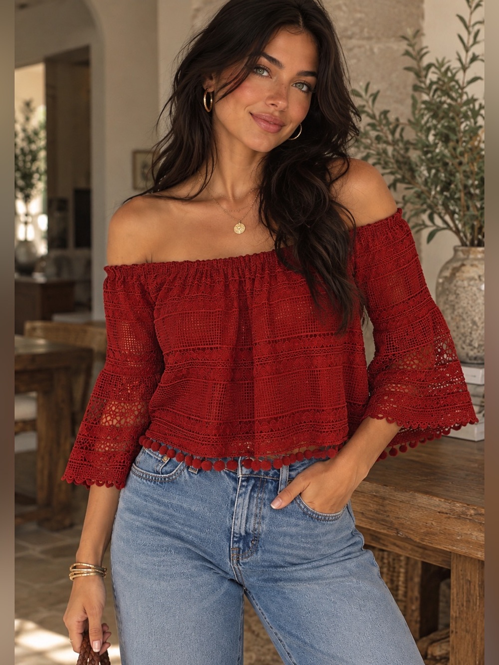 NWT Tularosa Alexa Top Dusted Berry Crochet Off Shoulder Boho Size S